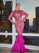 Akira Long Sleeve Rhinestone Feather Maxi Dress